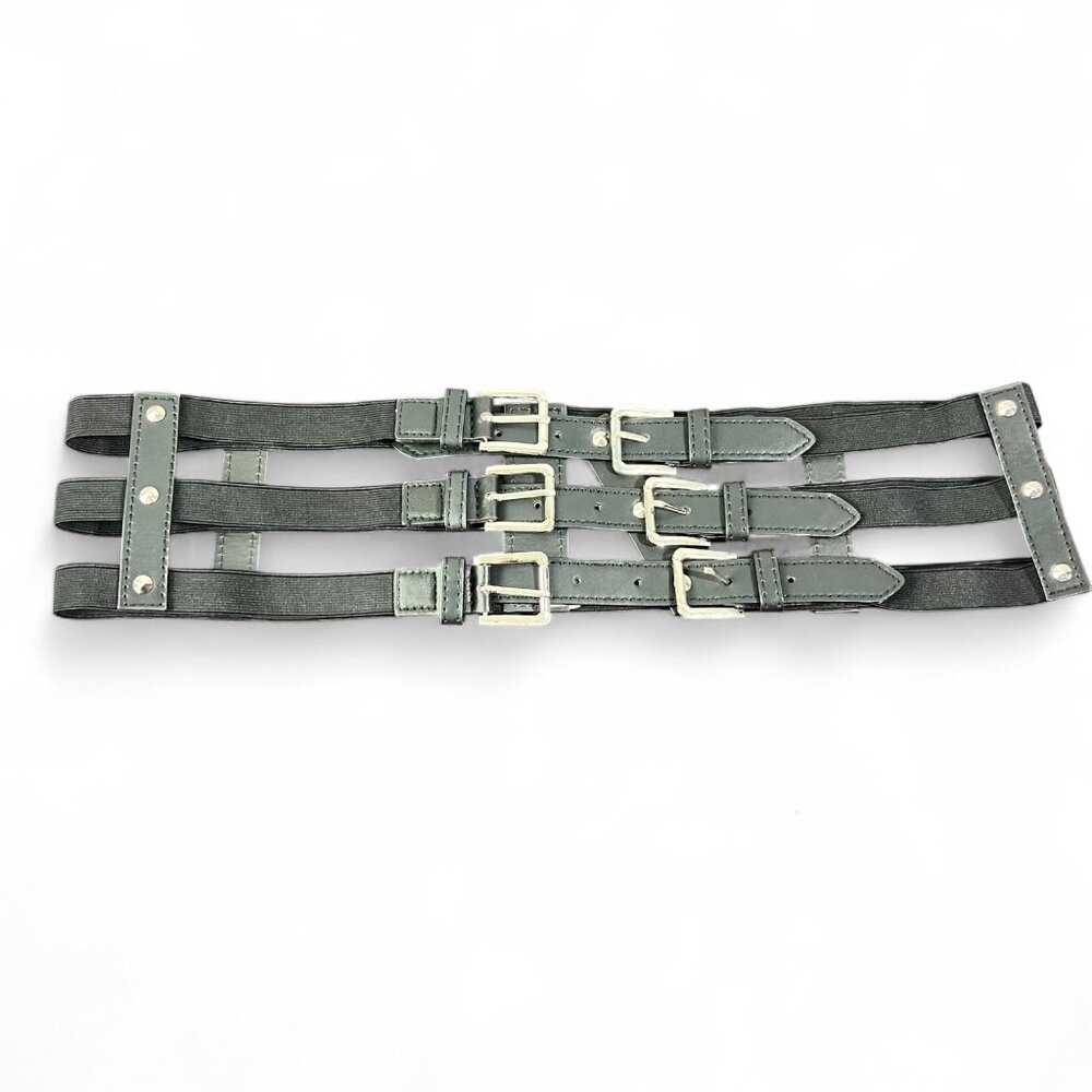 Black & SIlver Toned 6-Buckle Punk Belt - L/XL - Stretch Elastic